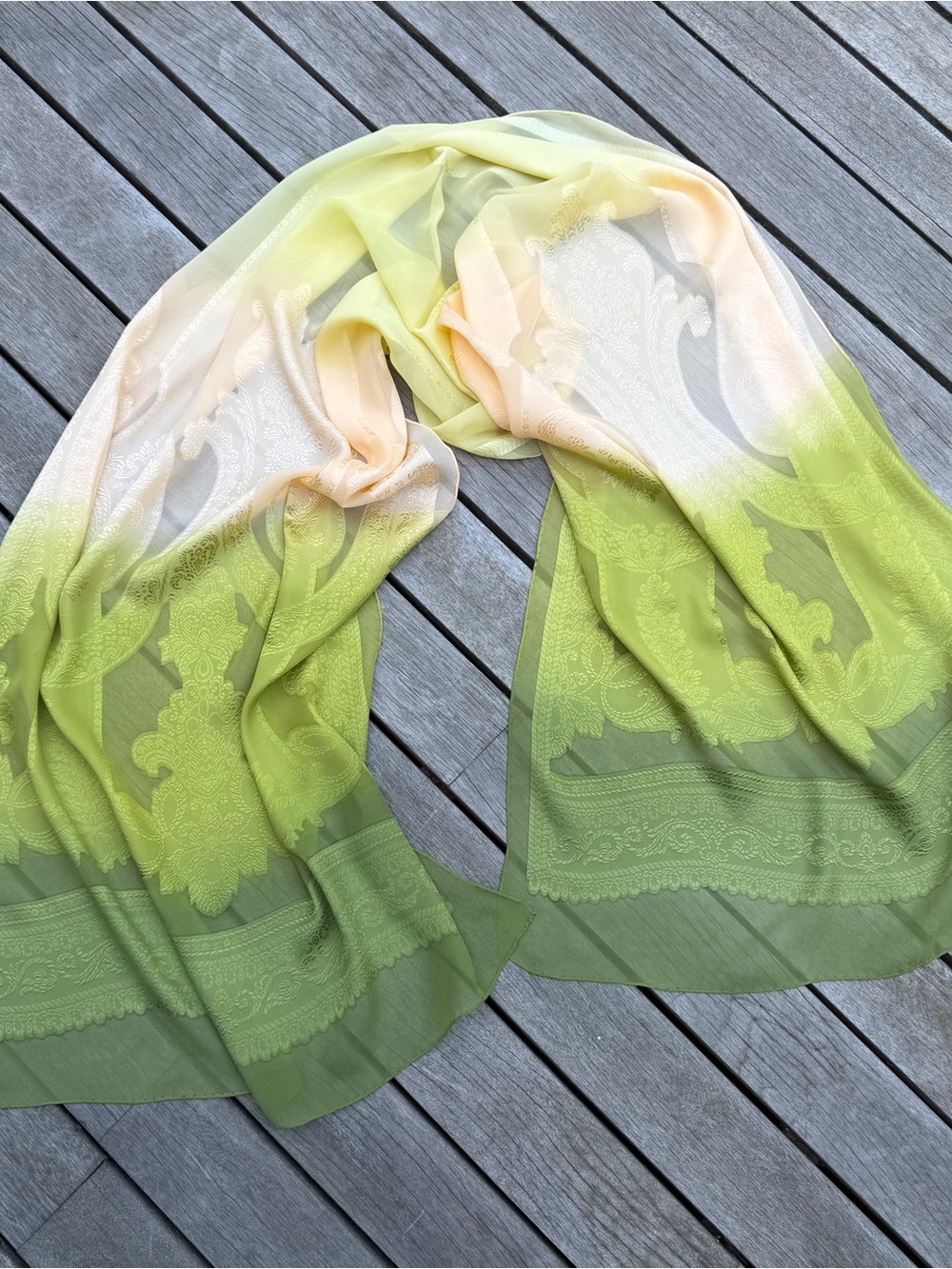 Vintage 100% Silk Sheer Ombré Green & Ivory Damask Jacquard Oblong Scarf